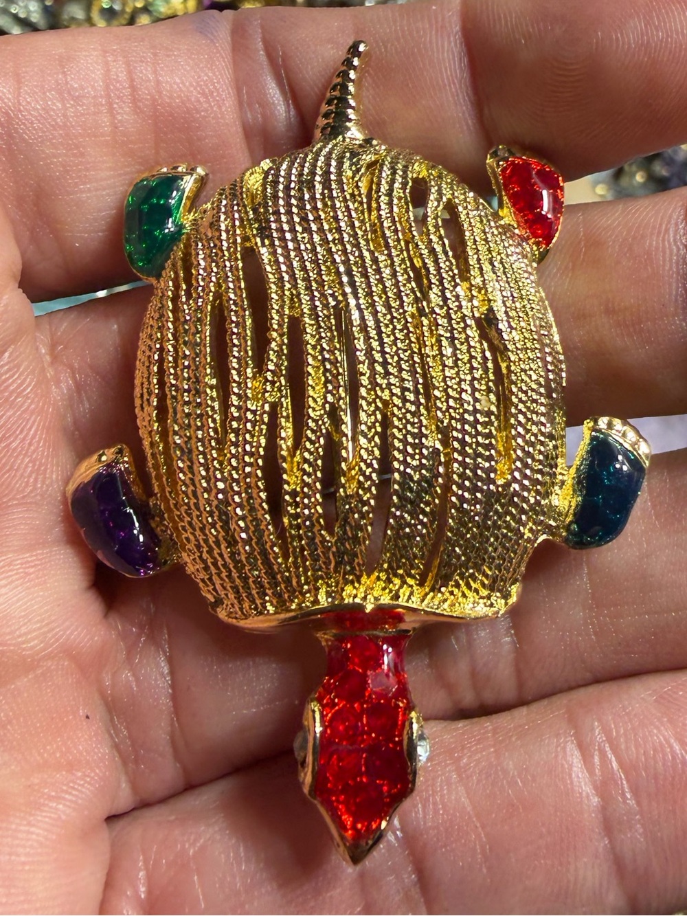 Gold-tone Turtle Brooch with Red, Green, Blue, Purple Accents -